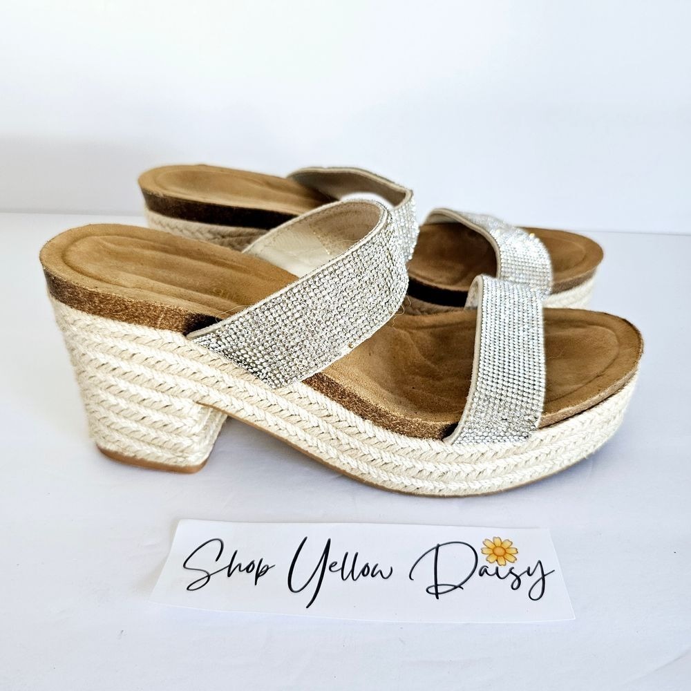 Emerson Rhinestone Espadrille Platform Sandals Silver Double Strap Bling 8.5